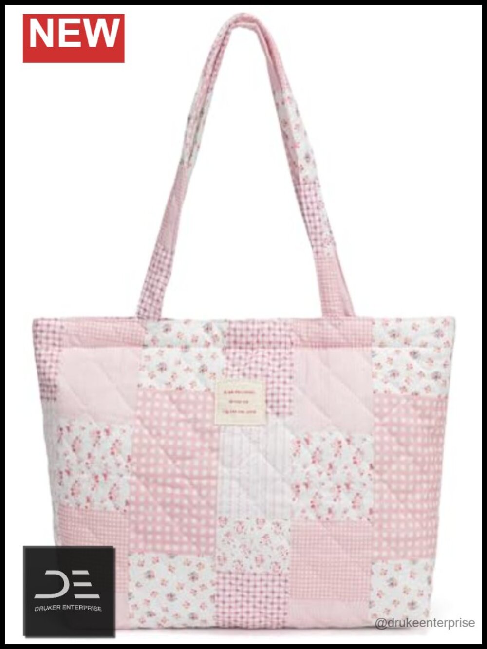 Quilted Tote Bag with Top Zipper - Cotton Shoulder Bag for Work Travel